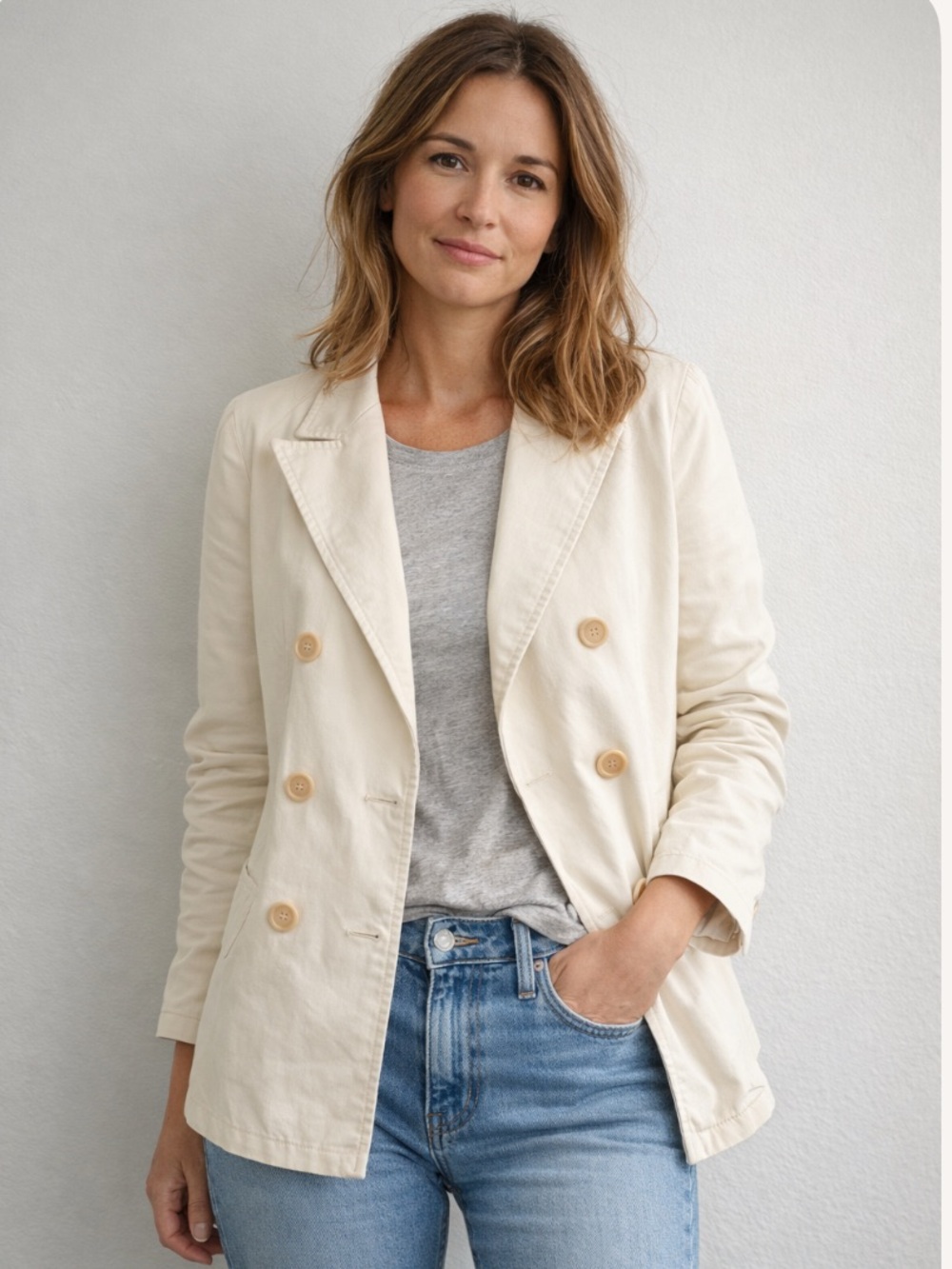 Nili Lotan Cream Double-Breasted Canvas Blazer
